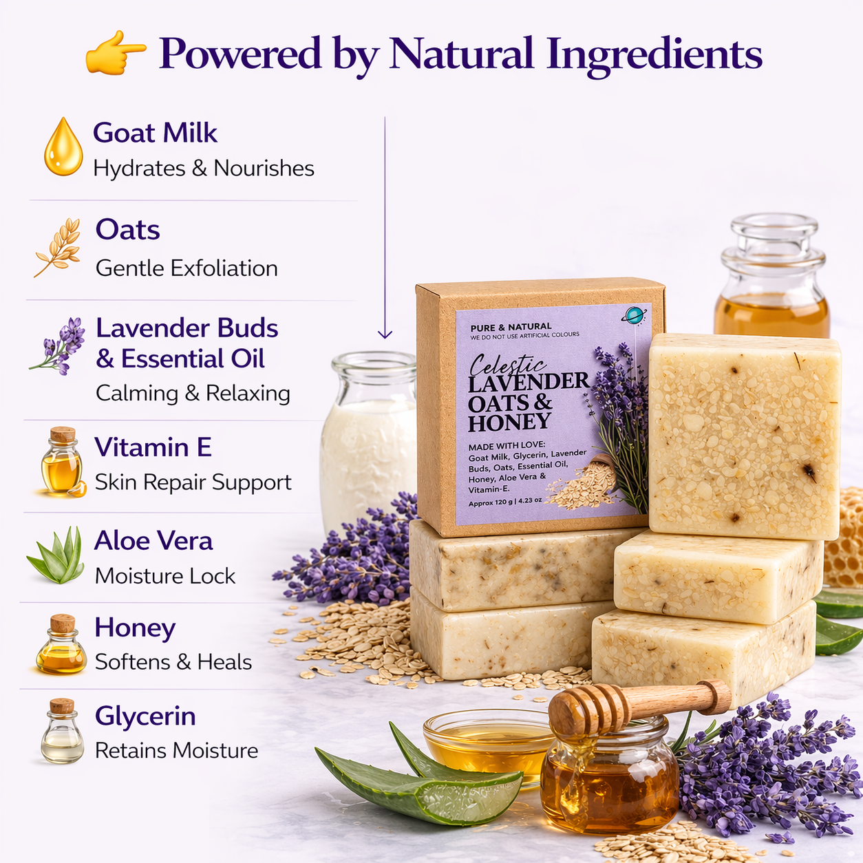 Organic Lavender Soap with Oats and Honey for Stress Relief and Better Sleep, Available in Single and Pack Of 3 by Celestic Soul