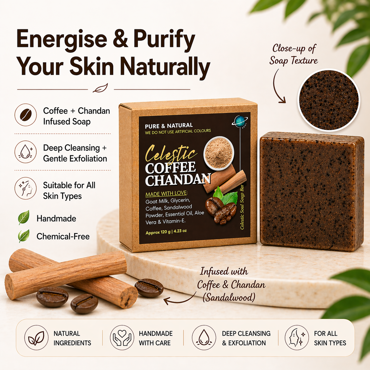 Coffee Chandan Soap - Sandalwood Coffee Soap Bar | Natural Handmade Organic Goat Milk Soap Bar
