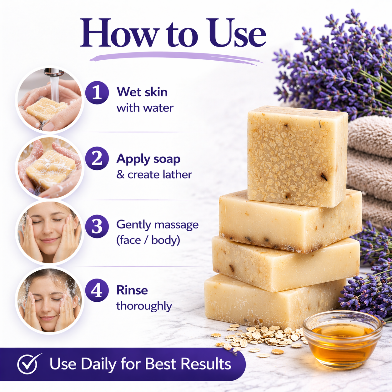 Organic Lavender Soap with Oats and Honey for Stress Relief and Better Sleep, Available in Single and Pack Of 3 by Celestic Soul