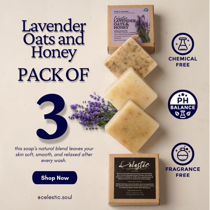 Organic Lavender Soap with Oats and Honey for Stress Relief and Better Sleep, Available in Single and Pack Of 3 by Celestic Soul