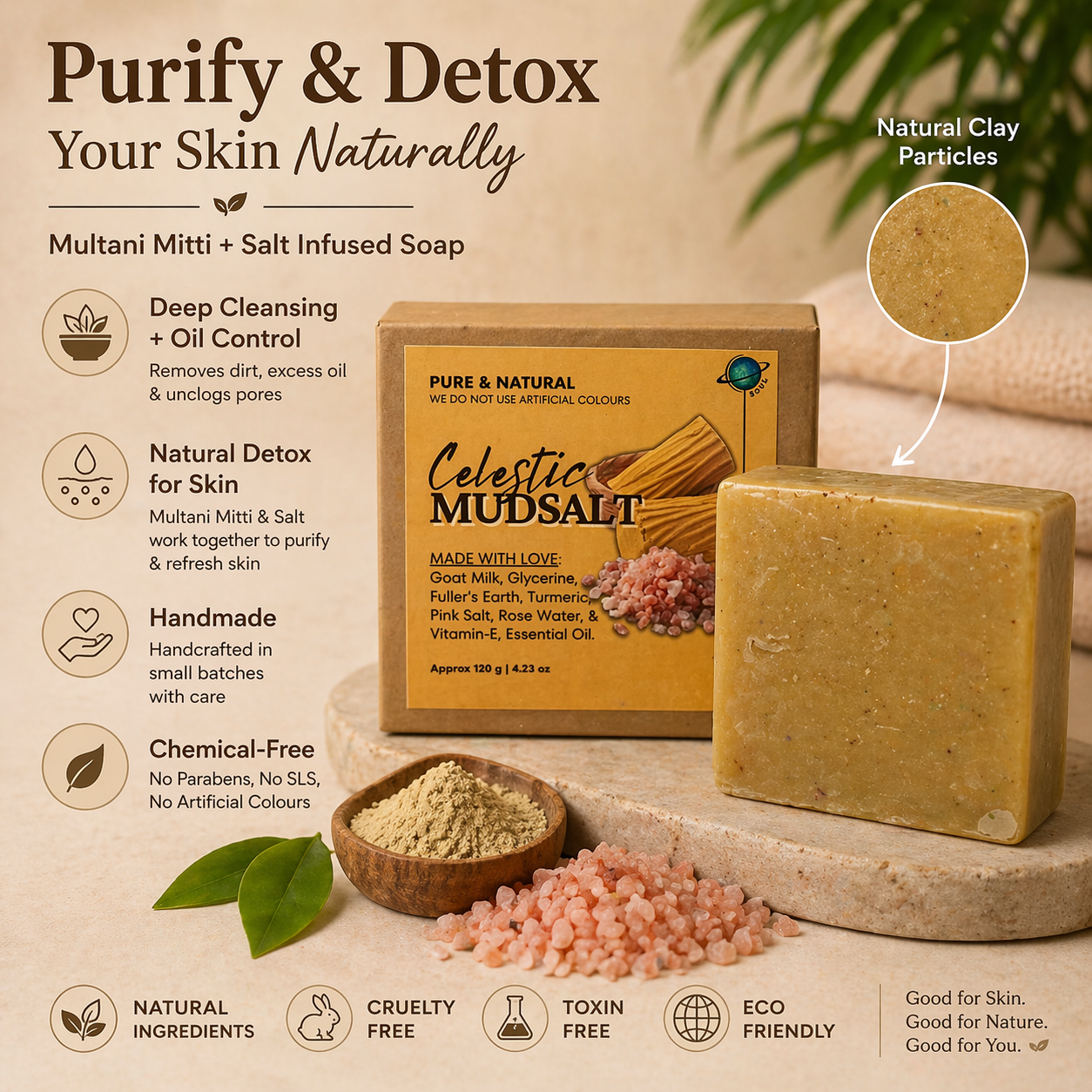MudSalt Soap - A Detan Soap Bar | Fuller's Earth (Multani Mitti), Himalayan Salt & Goat Milk Acne Soap | Natural Detan Soap Bar