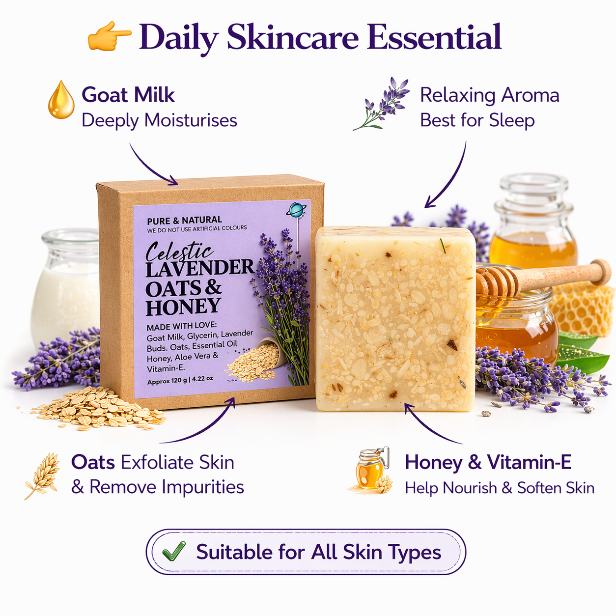 Organic Lavender Soap with Oats and Honey for Stress Relief and Better Sleep, Available in Single and Pack Of 3 by Celestic Soul