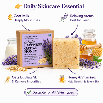 Organic Lavender Soap with Oats and Honey for Stress Relief and Better Sleep, Available in Single and Pack Of 3 by Celestic Soul