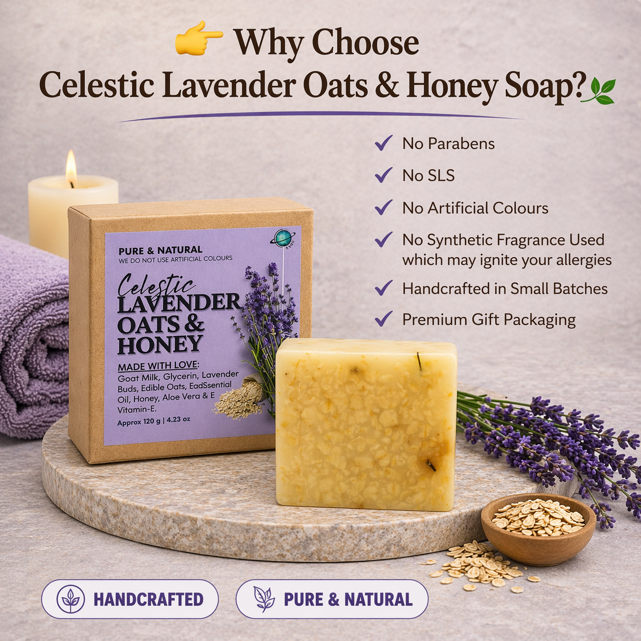 Organic Lavender Soap with Oats and Honey for Stress Relief and Better Sleep, Available in Single and Pack Of 3 by Celestic Soul